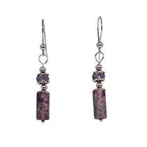 Purple Lepidolite Gemstone Beaded Silver Dangle Earrings Handmade Boho Drop